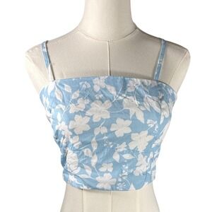 Japna Womens Blue White Floral Smocked Back Crop Top Adjustable Straps Small